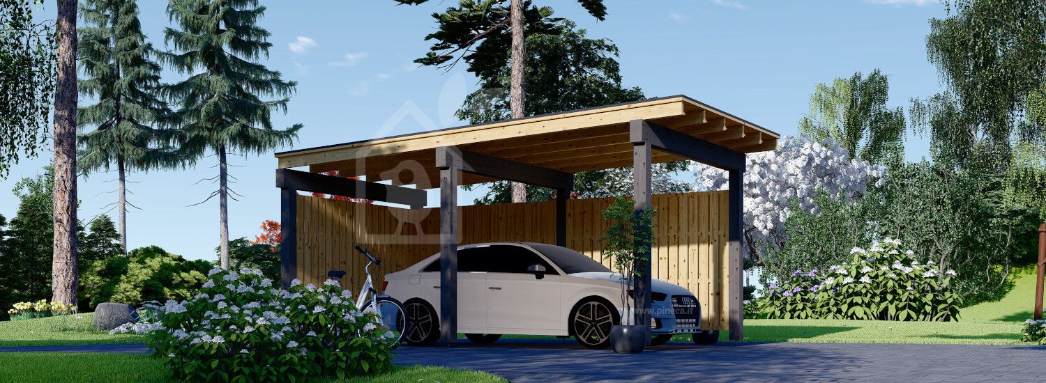 Tettoia auto in legno LUNA F 3.2x6 m con parete a forma di L visualization 1