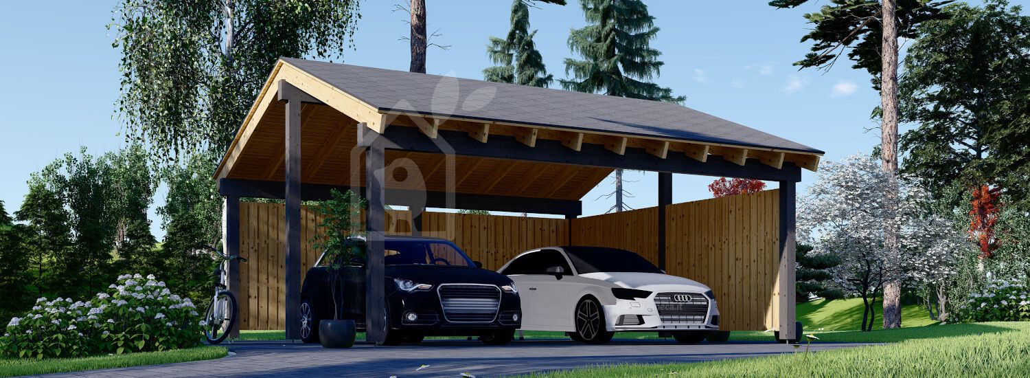 Tettoia auto in legno doppia LUNA DUO 6x6 m con parete a forma di L visualization 1