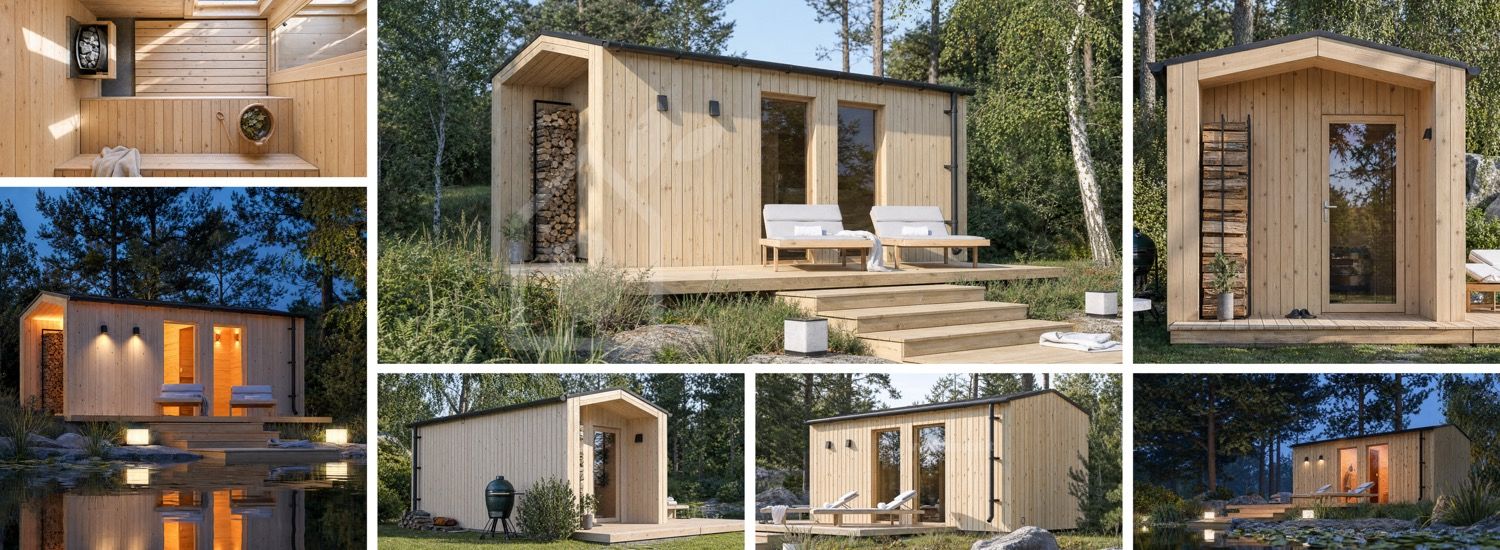 Sauna in legno SERENE 3 con spogliatoio e portico (pino naturale) – 5,3×2,5 m, 10,65 m² visualization 1