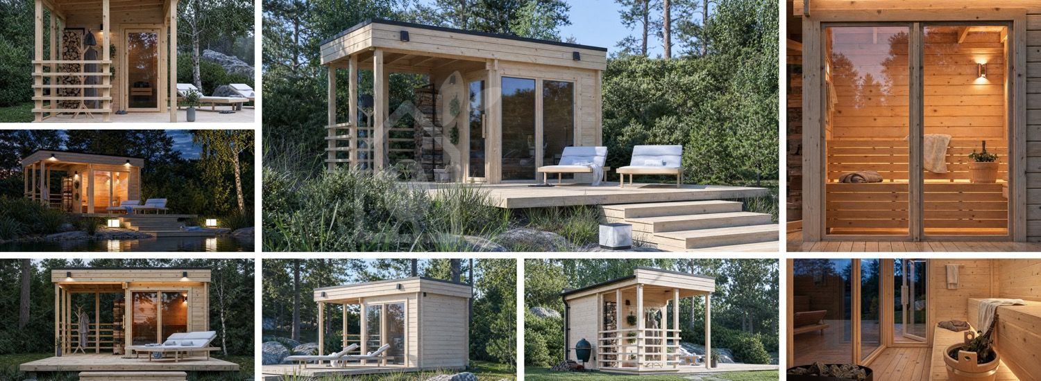 Sauna in legno FREJA con terrazza coperta (tronco massiccio) – 4,5×2,5 m, 9,15 m² visualization 1