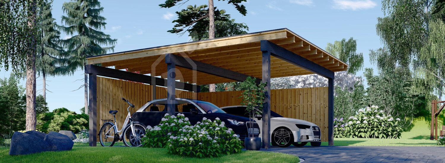 Tettoia auto in legno doppia LUNA DUO F 6x6 m con parete a forma di L visualization 1