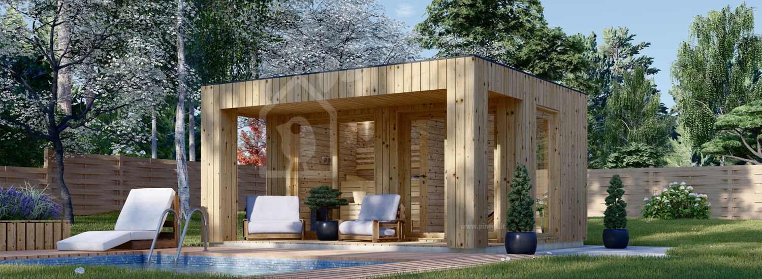 Sauna da esterno con spogliatoio DELLA (34 mm + rivestimento), 4,6 x 2,6 m, 9,3 m², terrazza di 6,7 m² visualization 1