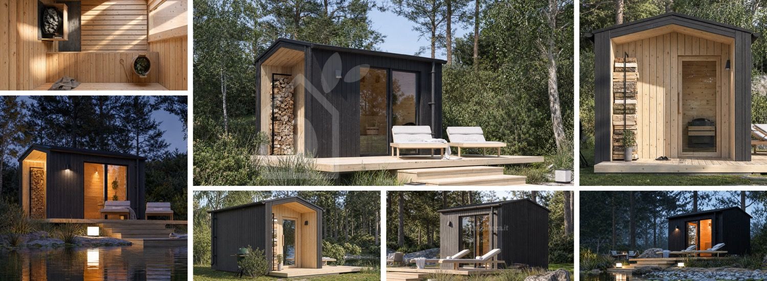 Sauna in legno SERENE 1 con portico (legno bruciato + pino naturale) – 3,3×2,5 m, 6,25 m² visualization 1