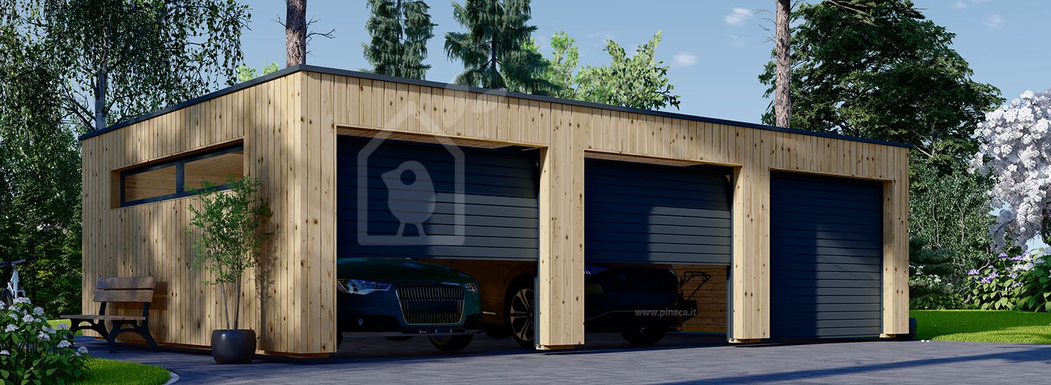 Garage in legno triplo con tetto piano SILVIA TRIO F (34 mm + rivestimento), 9x6 m, 54 m² visualization 1