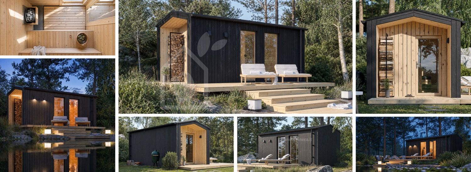 Sauna in legno SERENE 3 con spogliatoio e portico (legno bruciato + pino naturale) – 5,3×2,5 m, 10,65 m² visualization 1