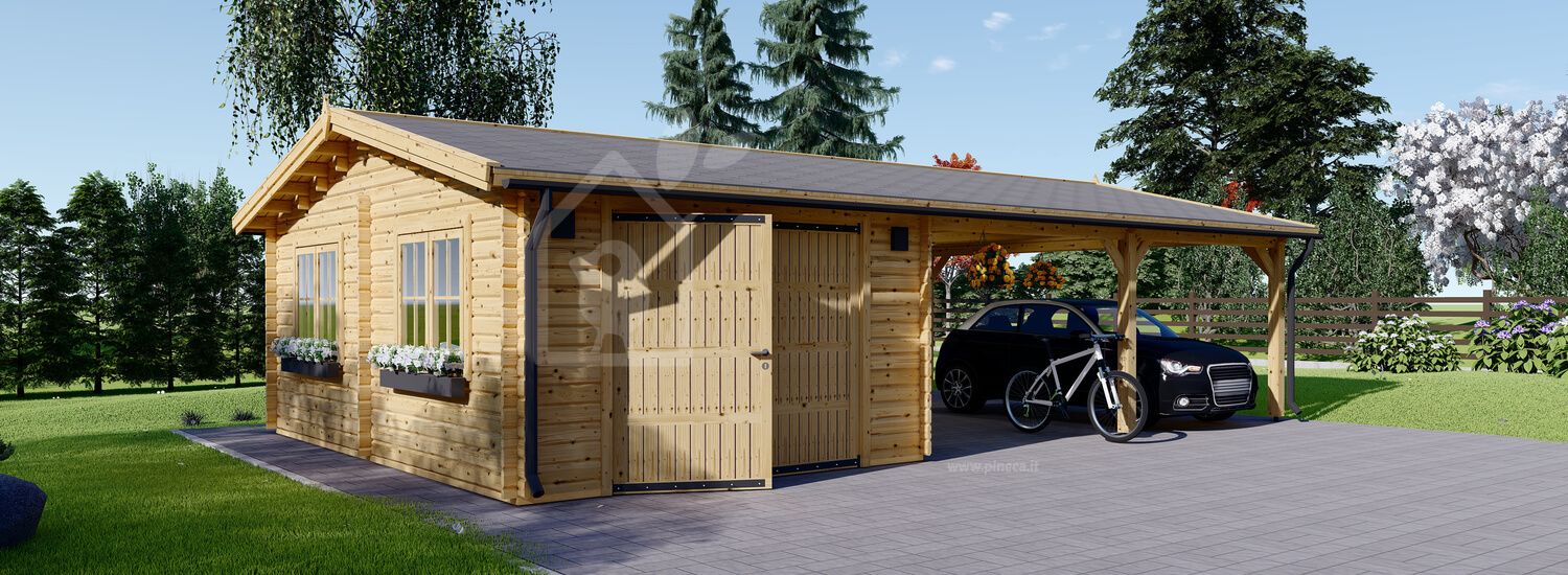 Garage in legno MULTI (44 mm) 4x6 m con tettoia auto in legno doppia 5.5x6 m visualization 1