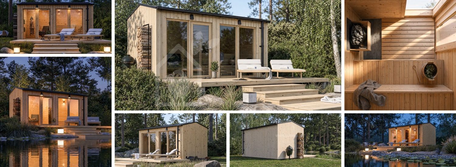 Sauna in legno SERENE 2 con spogliatoio (pino naturale) – 4,5×2,5 m, 9,35 m² visualization 1
