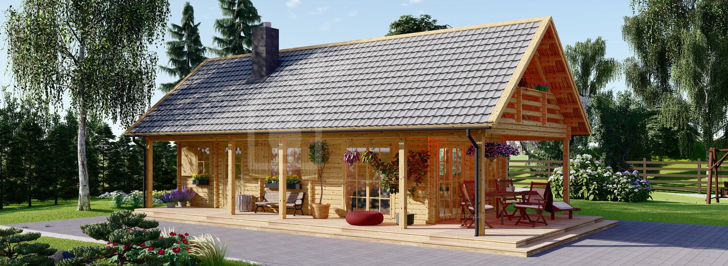 Casa in legno con porticato AURA (66 mm), 100 m² + 35 m² visualization 1