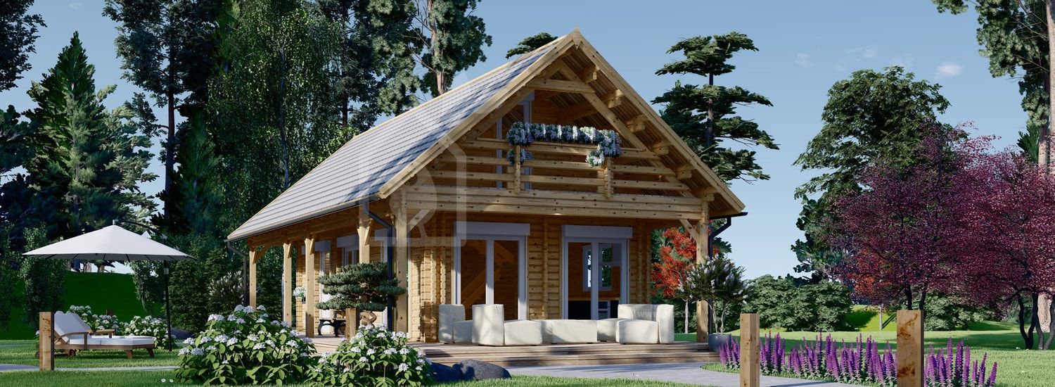 Casa in legno con porticato AURA S (44+44 mm), 100 m² + 35 m² visualization 1