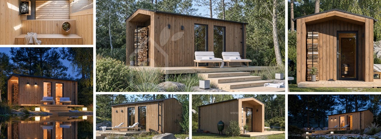 Sauna in legno SERENE 3 con spogliatoio e portico (ThermoWood) – 5,3×2,5 m, 10,65 m² visualization 1