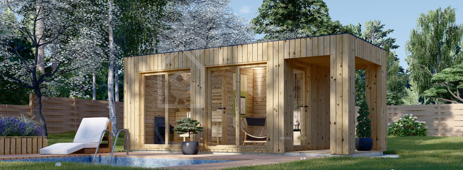 Sauna da esterno con spogliatoio DELLA (34 mm + rivestimento), 4,6 x 2,6 m, 9,3 m², terrazza di 3,6 m² visualization 1