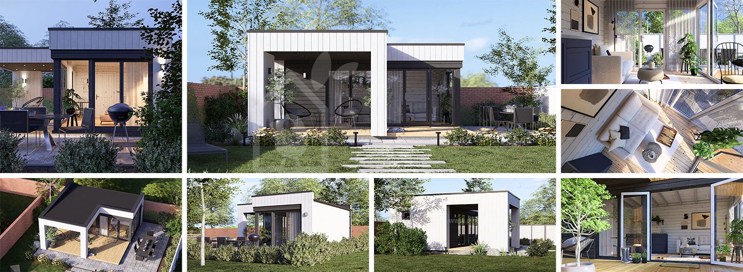 Casetta in legno da giardino INES PLUS con porticato a L (Coibentata, 34 mm + rivestimento), 6x6 m, 36 m² visualization 1