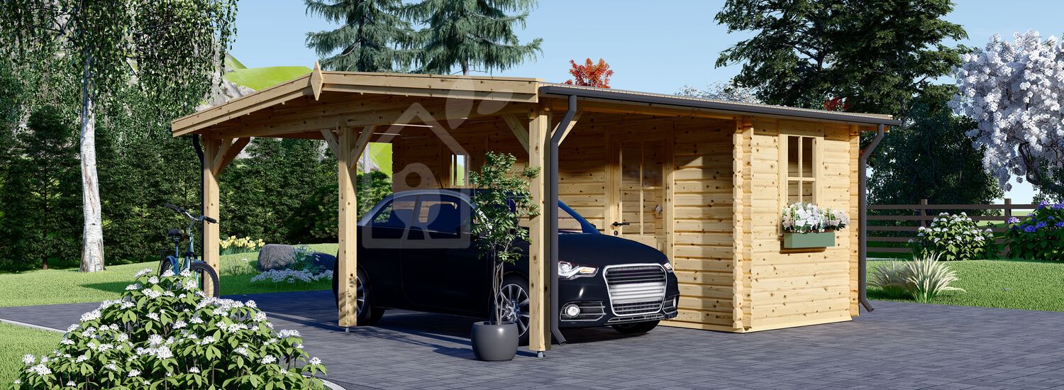 Tettoia auto in legno 3x6 m con ripostiglio attrezzi (44 mm), 2x6 m visualization 1