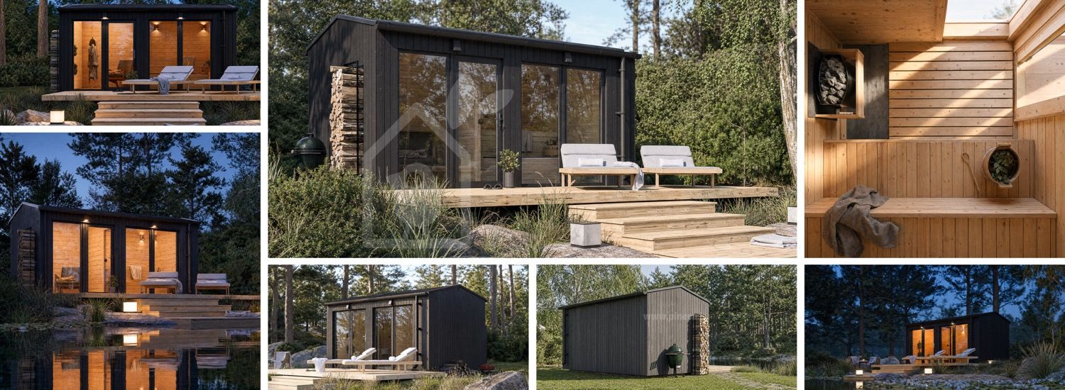 Sauna in legno SERENE 2 con spogliatoio (legno bruciato) – 4,5×2,5 m, 9,35 m² visualization 1