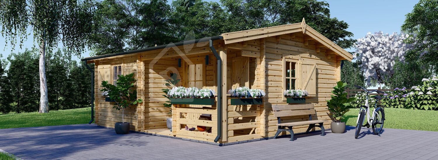 Casetta in legno da giardino NANTES (Coibentata PLUS, 44+44 mm), 6x4.7 m, 24 m² + 3.5 m² di porticato visualization 1