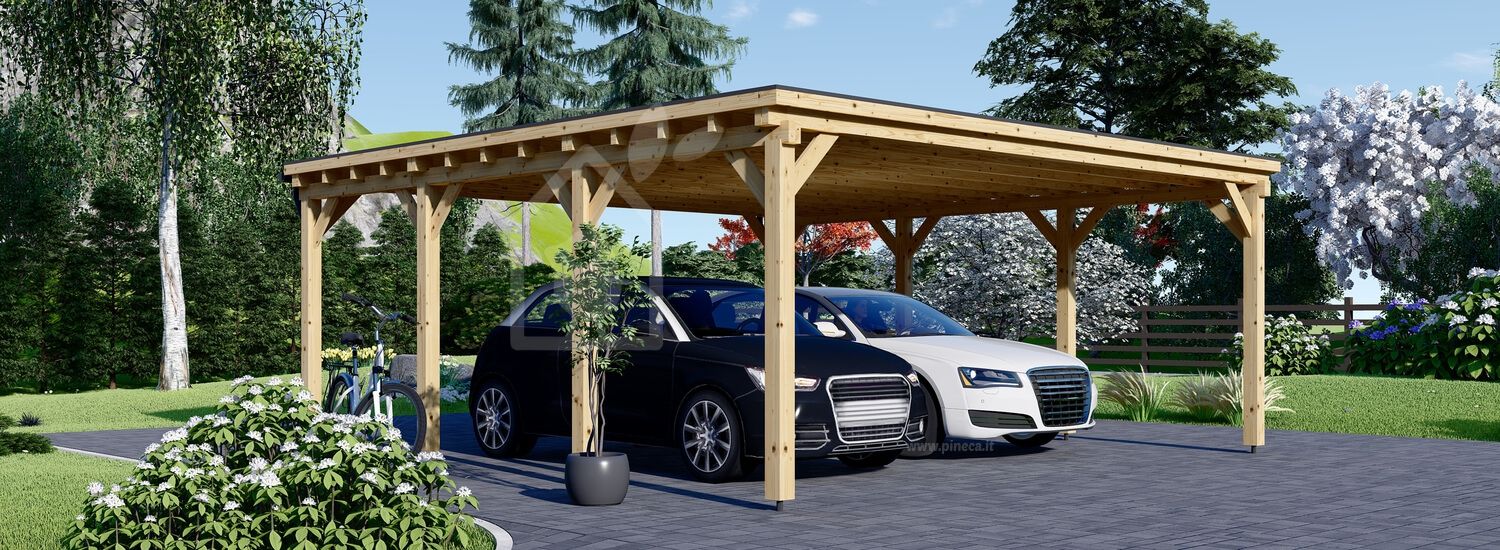 Tettoia auto in legno doppia a tetto piatto MODERN, 6x6 m, 36 m² visualization 1