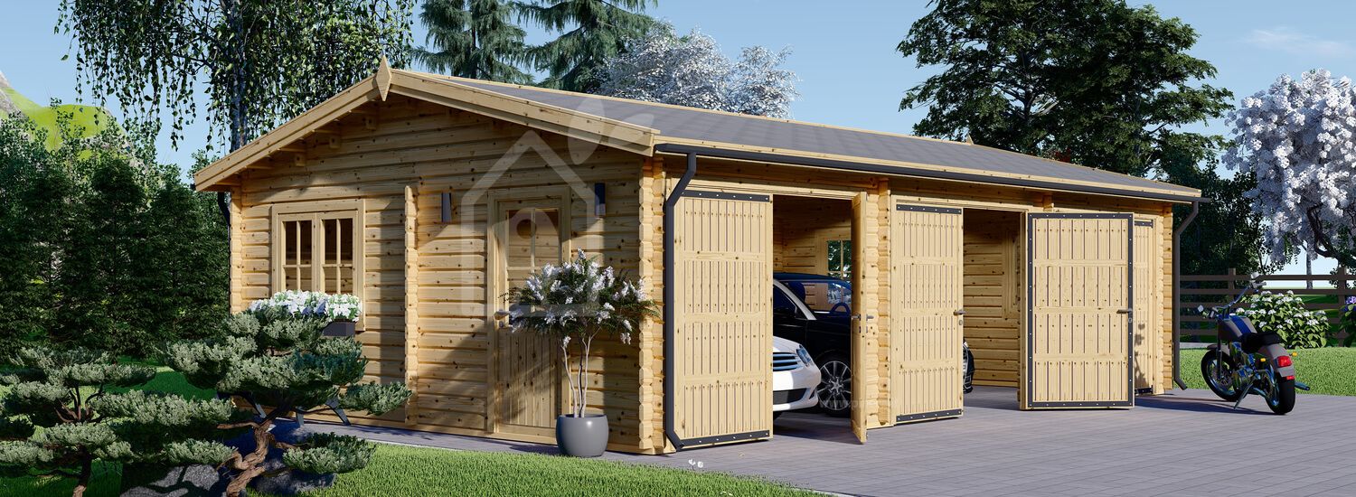 Garage in legno triplo TRIO (44 mm), 9x6 m, 54 m² visualization 1