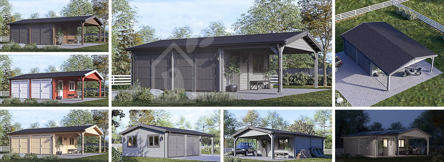 Garage in legno doppio MULTI (44 mm) 6x6 m con tettoia auto in legno 3x6 m visualization 1