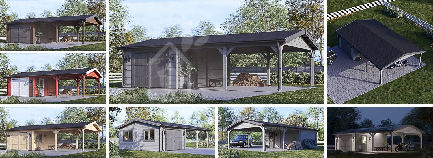 Garage in legno MULTI (44 mm) 4x6 m con tettoia auto in legno doppia 5.5x6 m visualization 1