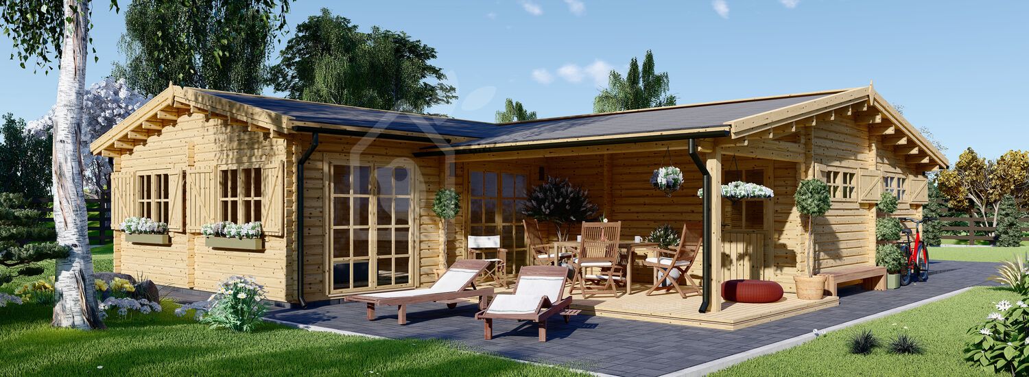 Casa in legno BERTA (66 mm), 72 m² + 18 m² di porticato e garage di 20 m² visualization 1