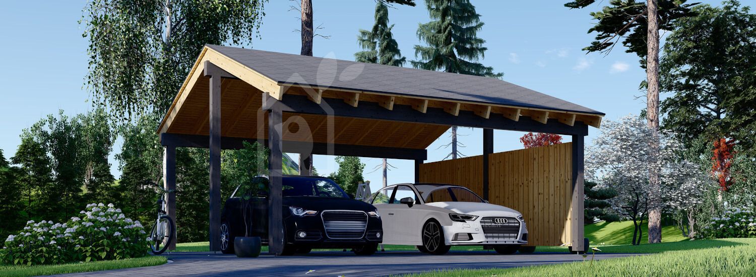 Tettoia auto in legno doppia LUNA DUO 6x6 m con una parete laterale visualization 1