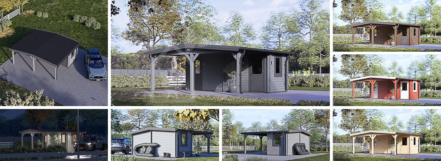 Tettoia auto in legno 3x6 m con ripostiglio attrezzi (44 mm), 2x6 m visualization 1