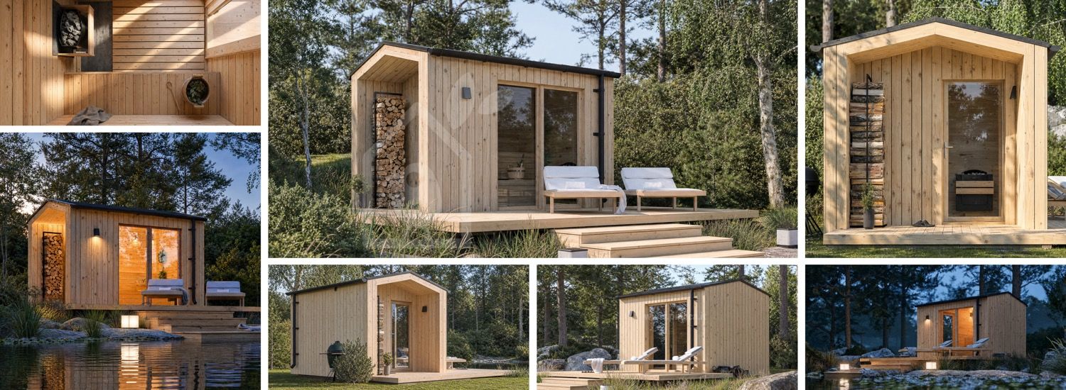 Sauna in legno SERENE 1 con portico (pino naturale) – 3,3×2,5 m, 6,25 m² visualization 1